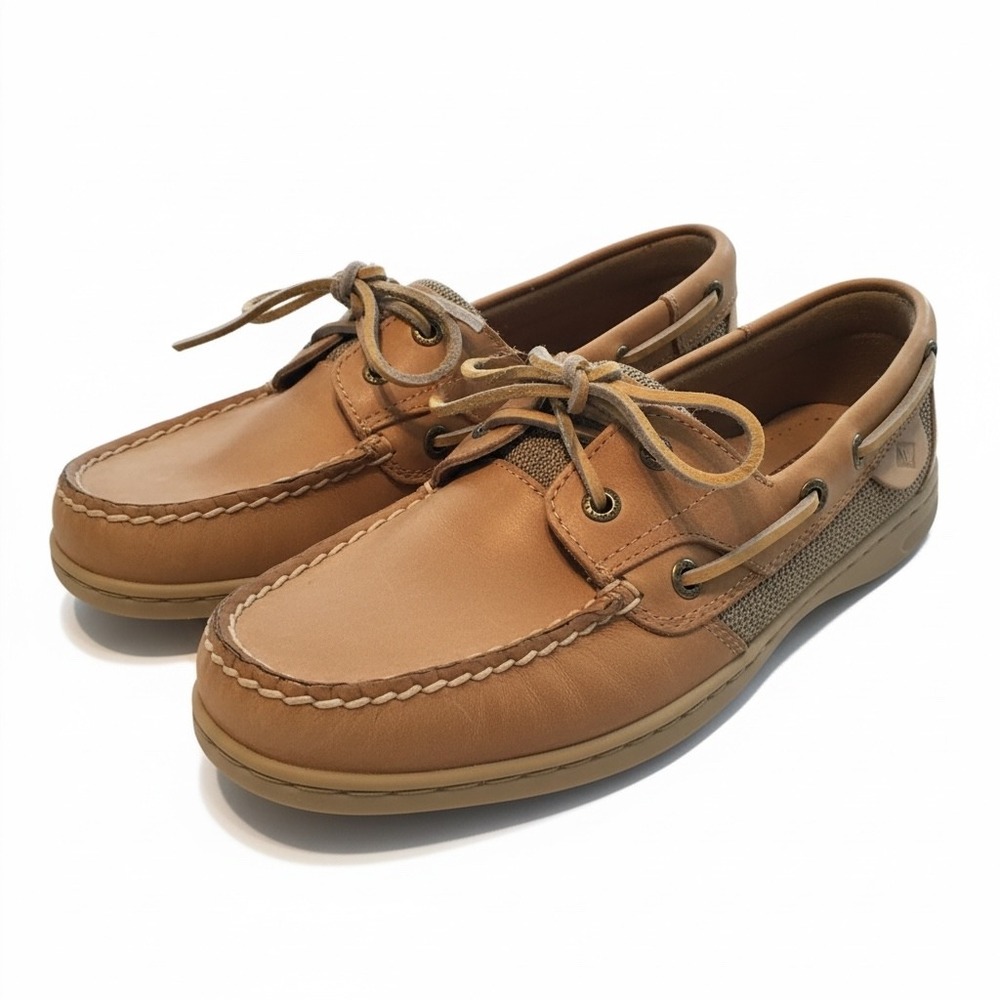 Sperry Top-Sider Women Tan Leather‎ Textile Boat Shoes Memory Foam Flats